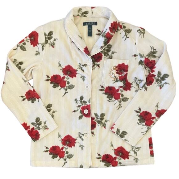 Lauren Ralph Lauren Fleece Pajama Top Small Rose Floral - Picture 1 of 11